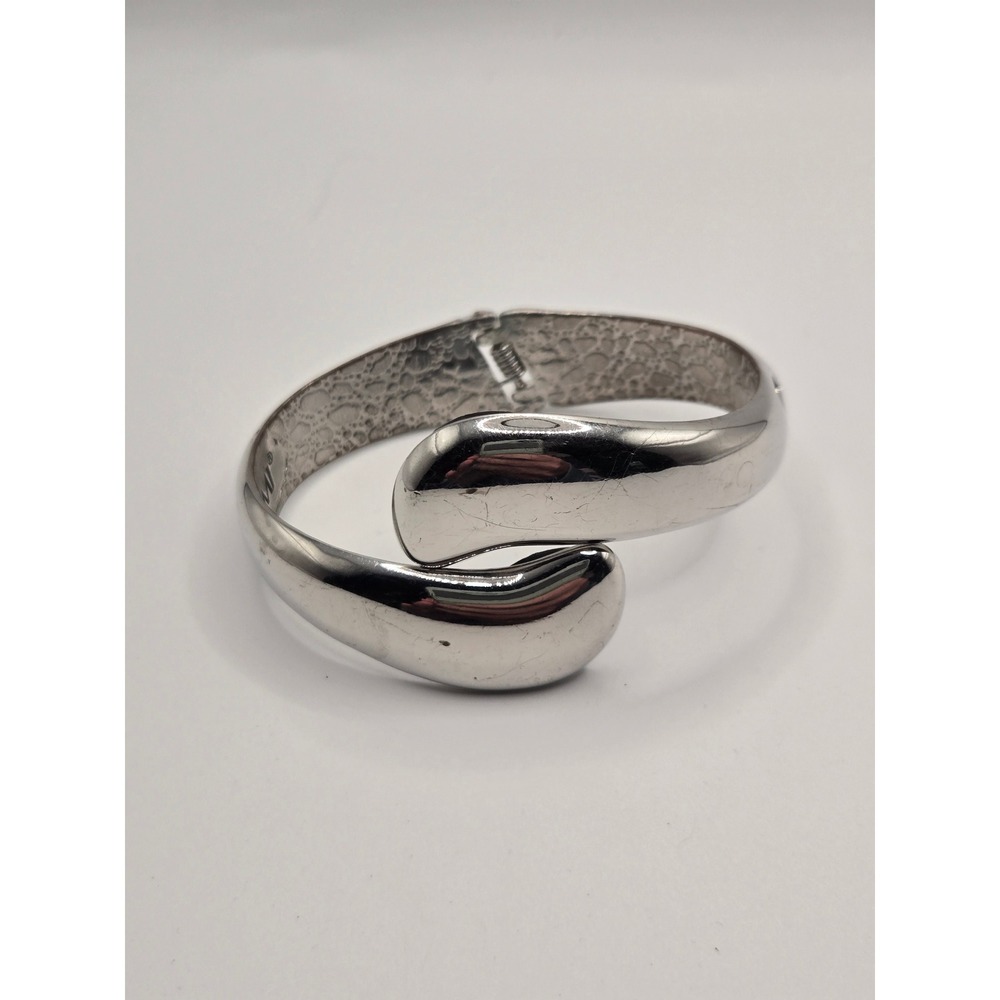 FUMI Silver Tone Bypass Bangle Bracelet Sculptural Hinge Cuff